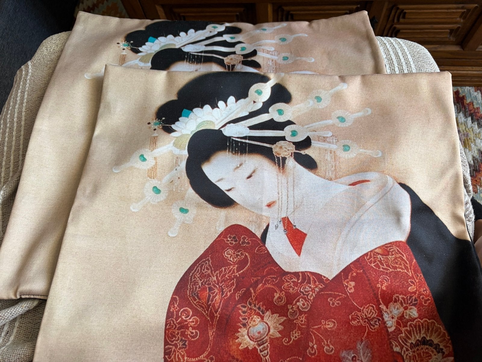 Set van 2 sierkussenslopen 45x45cm met Japanse Geisha print, Ophalen of Verzenden, Nieuw, Overige kleuren, Vierkant