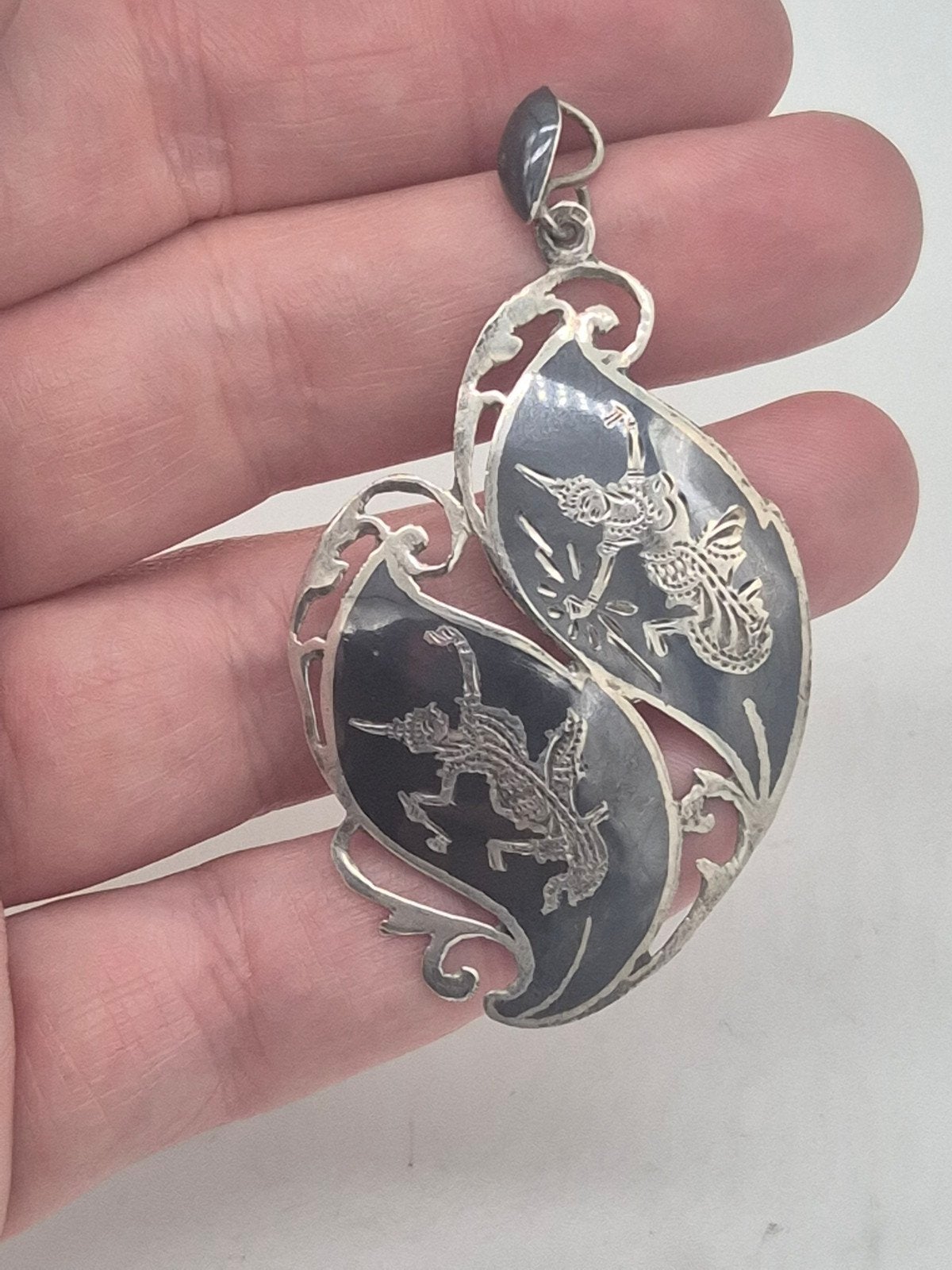 Zilveren Niello Siam Sterling Broche/Hanger, 4 tot 7 cm, Gebruikt, Verzenden, Zilver