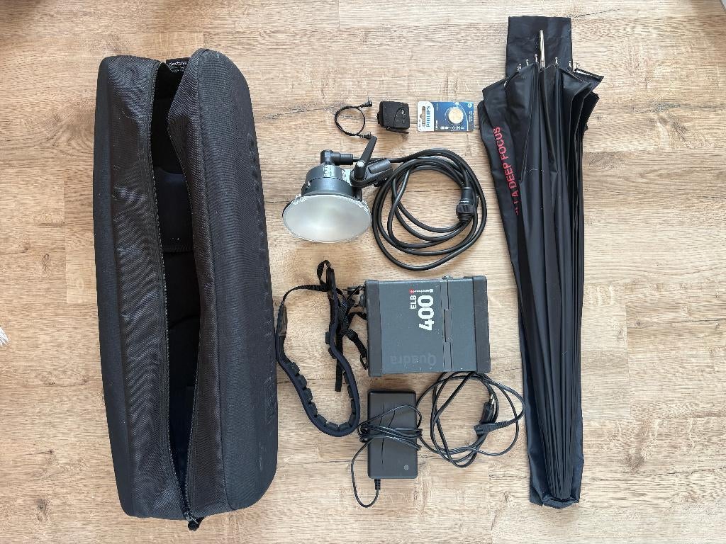 Mobiele Elinchrom ELB 400 flitsset met accu, kop en paraplu, Ophalen, Gebruikt, Lamp of Flitsset