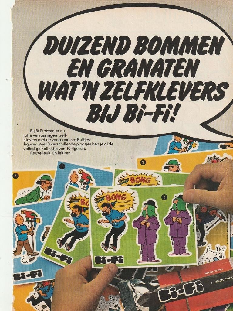 Retro reclame 1976 Bi-Fi worstjes Kuifje stickers, Verzenden, Overige typen