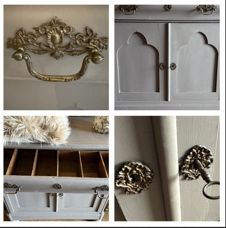 Antiek kastje, vintage commode, brocante kast taupe VdlM, Ophalen, 100 tot 150 cm, 1 of 2 laden, Zo goed als nieuw