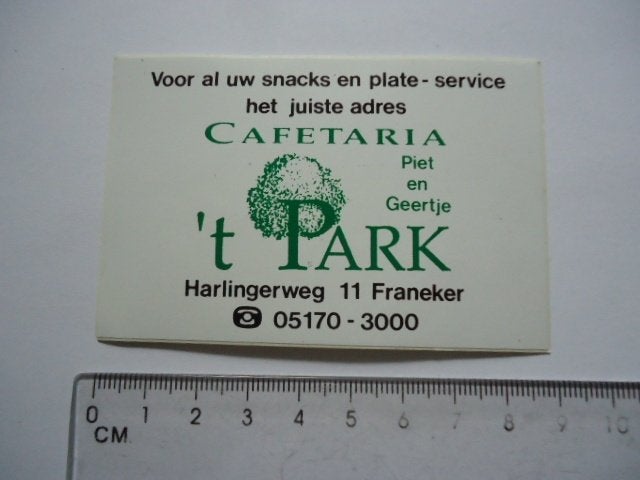 sticker oud Franeker t PARK piet geeertje vintage horeca re, Verzenden, Zo goed als nieuw, Bedrijf of Vereniging
