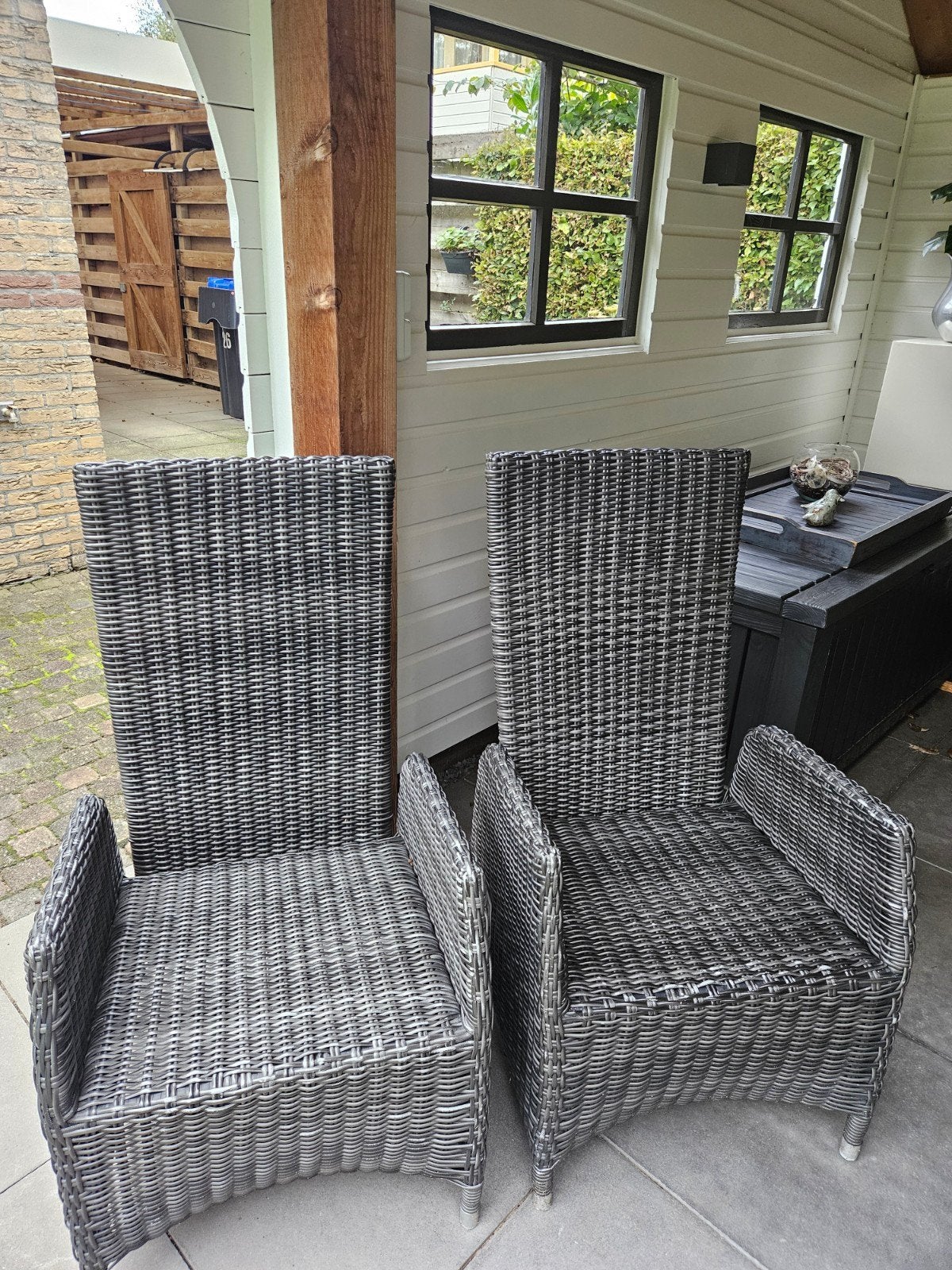 2 antraciet kleurige wicker verstelbare tuinstoelen, Ophalen of Verzenden, Gebruikt, Kunststof, Verstelbaar