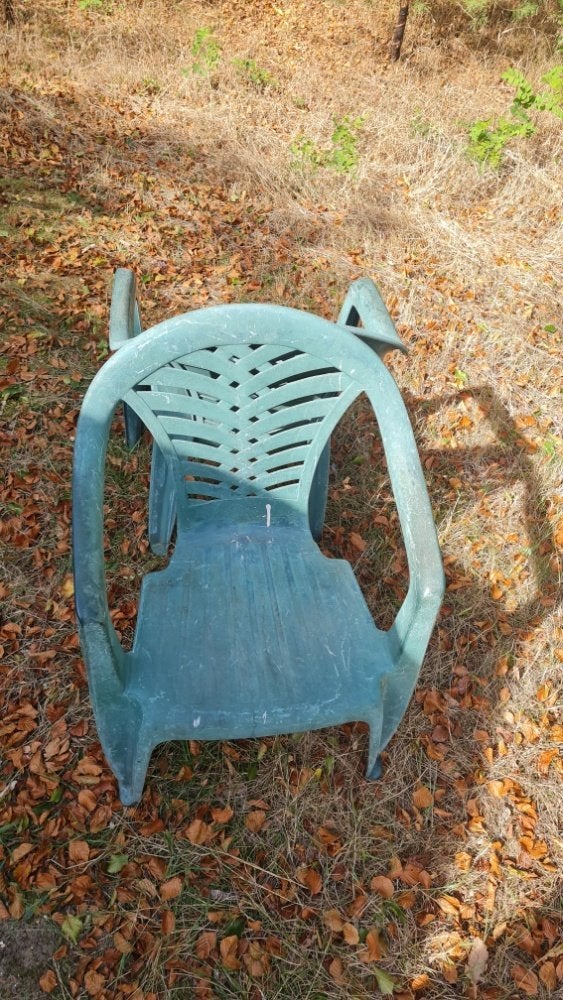 Set van 2 Groene Kunststof Tuinstoelen / Stapelstoelen, Ophalen, Gebruikt, Kunststof, Stapelbaar