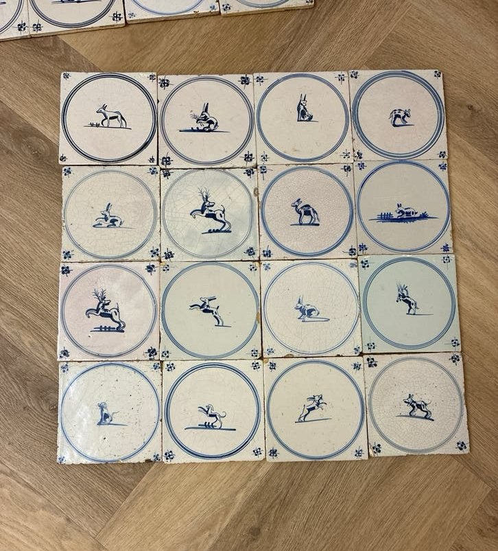 Set Antieke Delfts Blauwe Tegels met Dieren (16 stuks), Antiek en Kunst, Ophalen of Verzenden