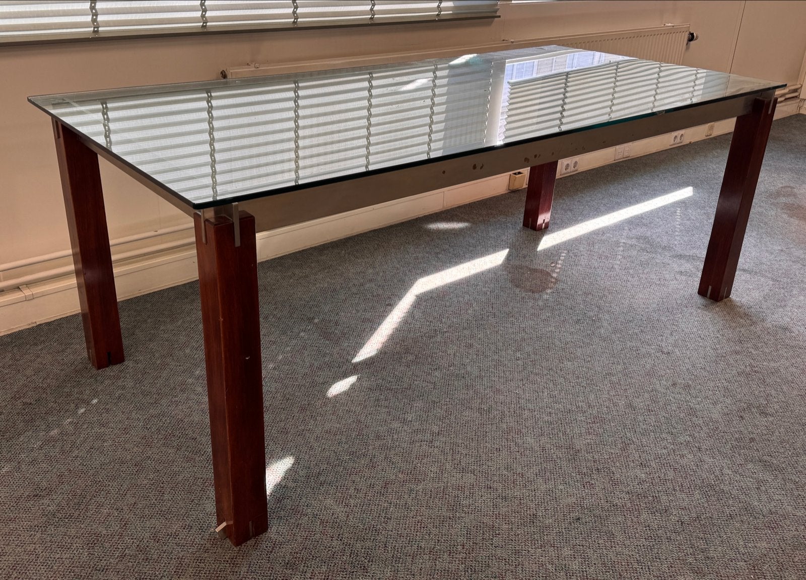Glazen tafel 200x80 met metalen frame en houten poten, Ophalen, Gebruikt, 50 tot 100 cm, Glas
