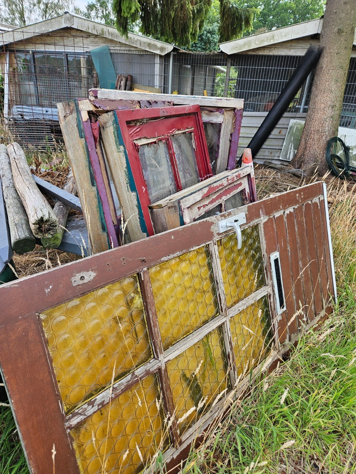 Hardhouten kozijnen met openslaande ramen  en 1 deur, Ophalen, Gebruikt