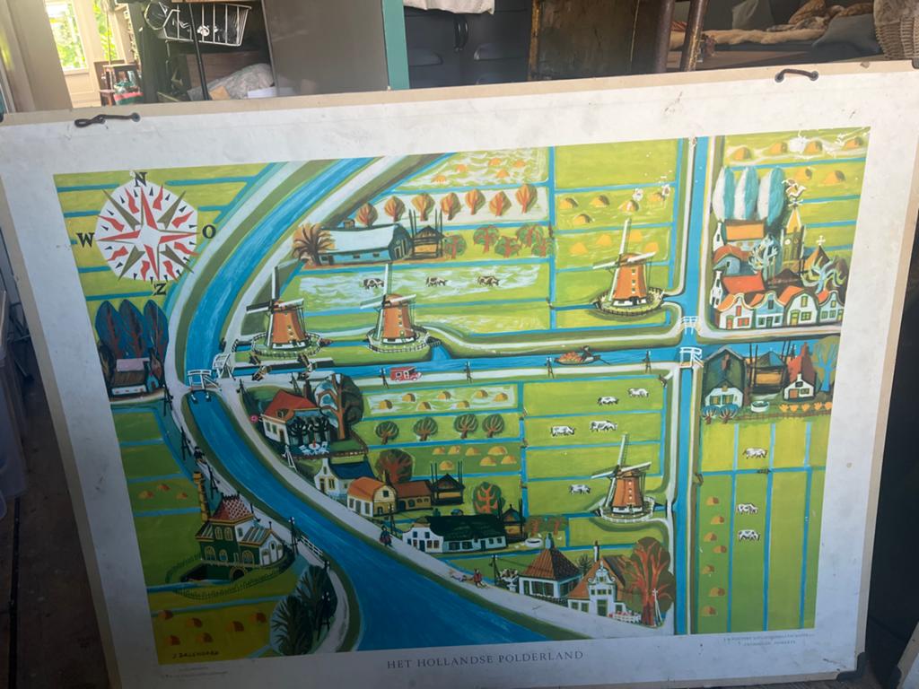 Vintage Schoolplaat 'Het Hollandse Polderland' - J. Dalenoor, Antiek en Kunst, Antiek | Schoolplaten, Ophalen, Aardrijkskunde