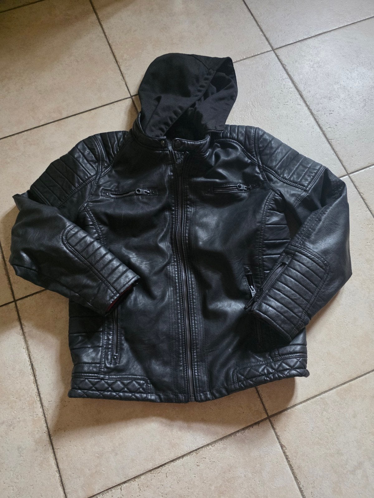 vinted Angelo Litrico Leren Jas met Capuchon - Maat M, Maat 52/54 (L), Angelo Litrico, Zwart, Ophalen of Verzenden