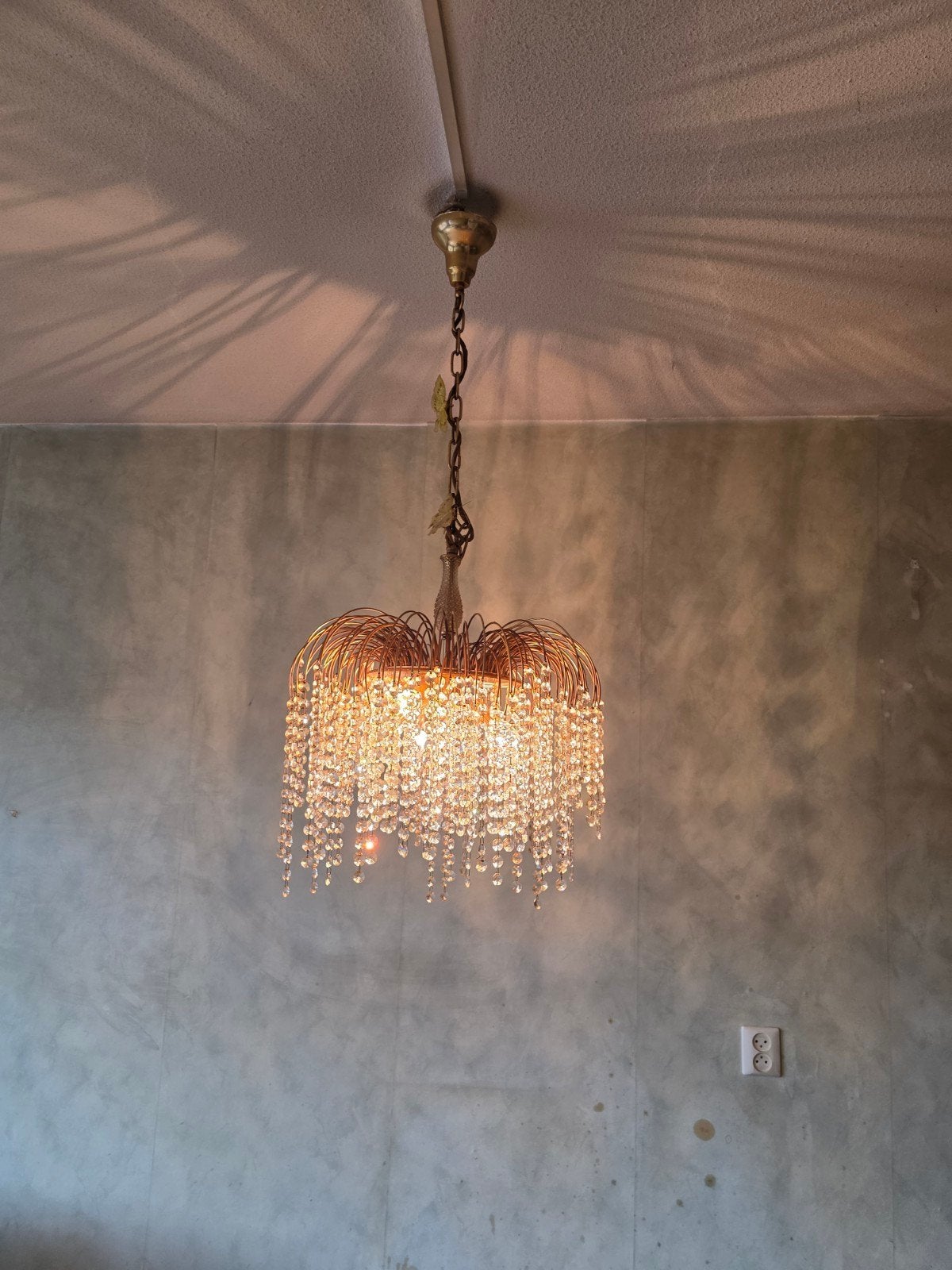 Vintage Kroonluchter met echte Kristallen Druppels, Huis en Inrichting, Ophalen of Verzenden, Gebruikt, Glas, Vintage, Klassiek, Glamour
