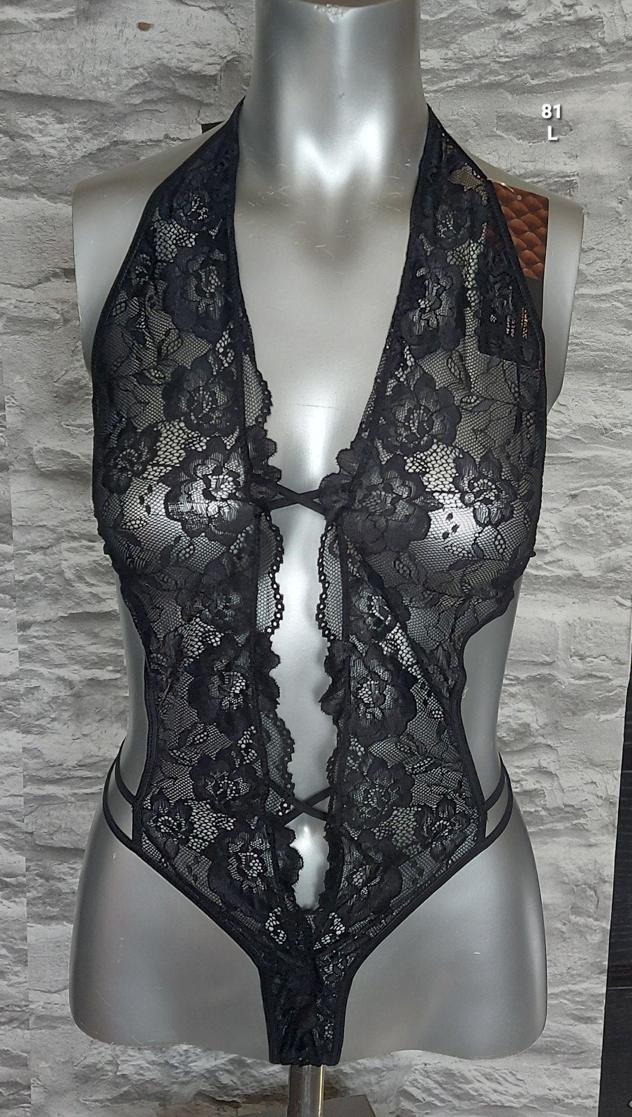Zwarte kanten stringbody met open rug, Onbekend, Ophalen of Verzenden, Zwart, Body of Korset