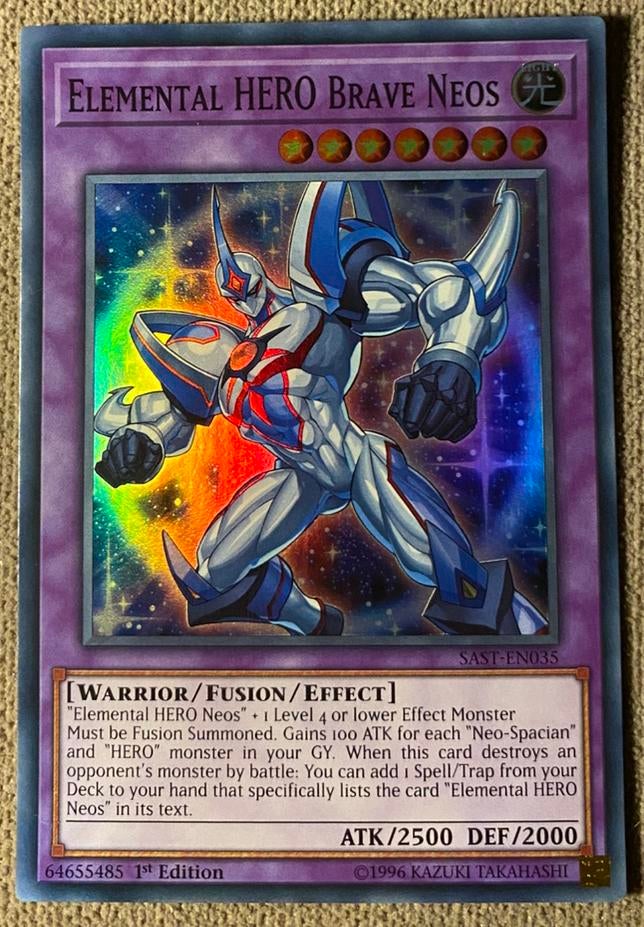 Yu-Gi-Oh! Elemental HERO Brave Neos SAST 1st Edition !, Ophalen of Verzenden, Zo goed als nieuw, Losse kaart, Foil