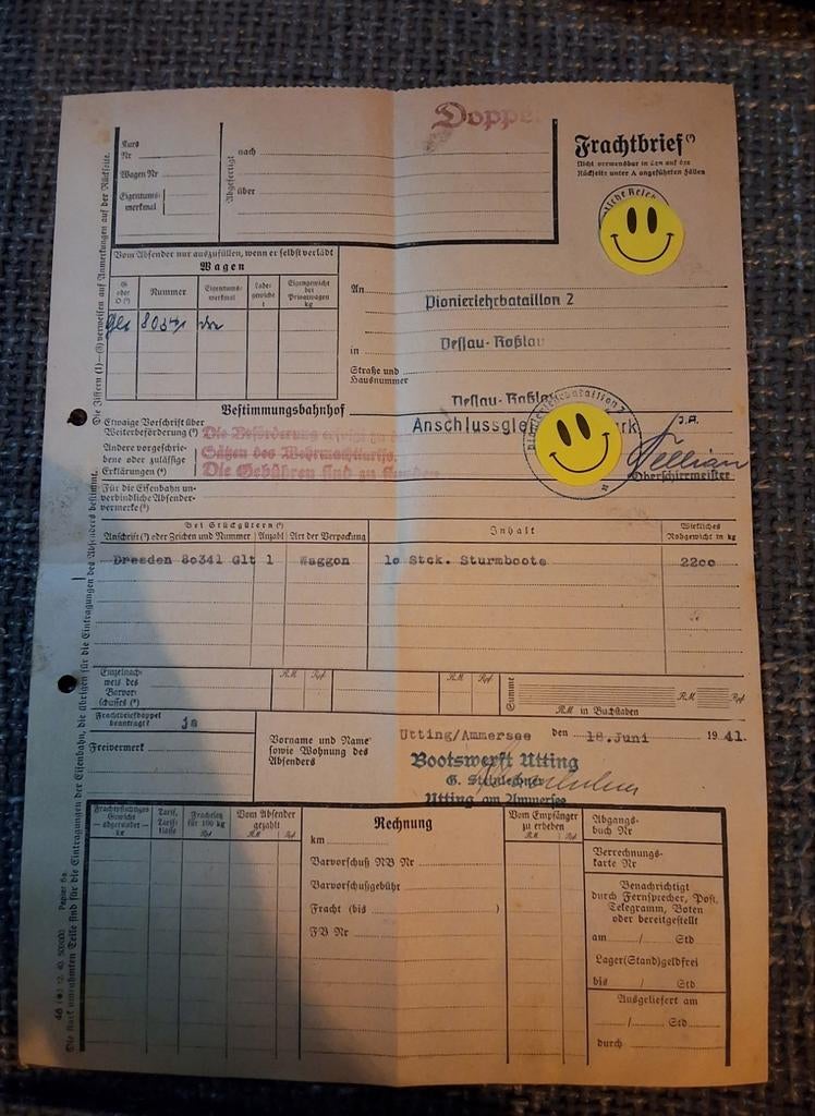 Duits sturmboote 39 frachtbrief 1941 oorlog pionier, Verzenden, Duitsland