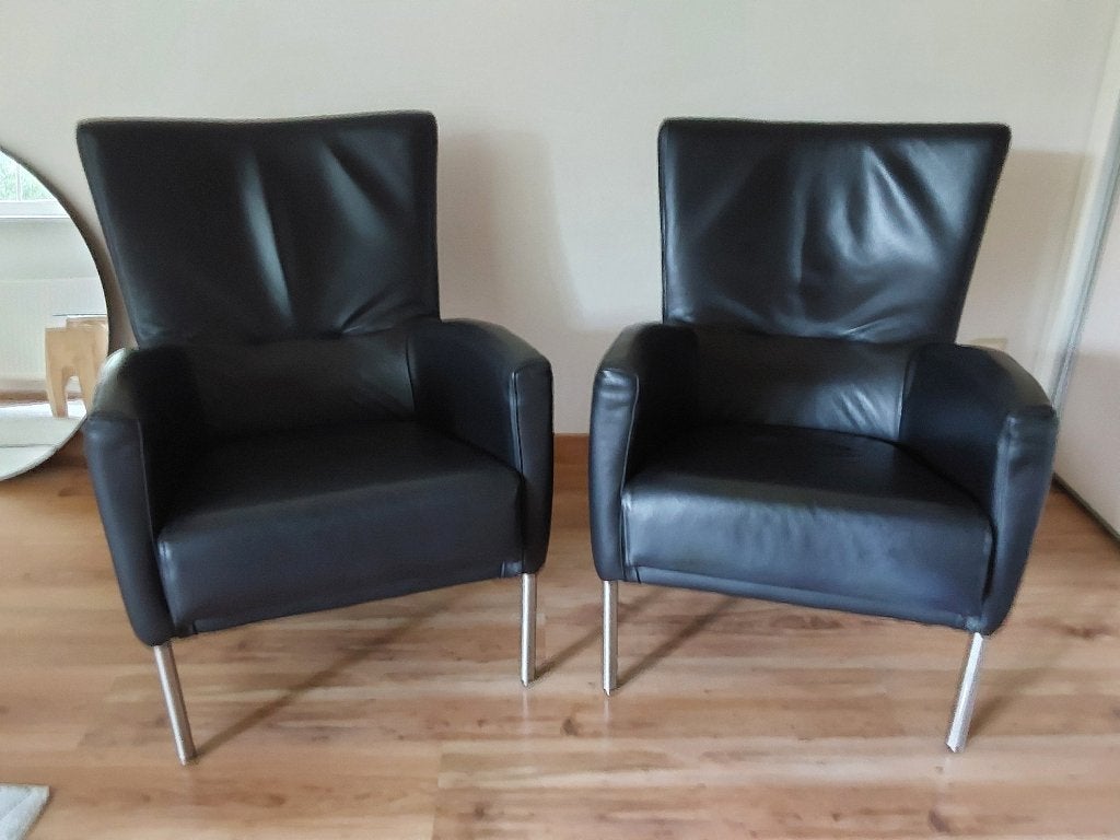 Twee design fauteuils merk Brees New World zwart leder, Ophalen, Gebruikt, Minder dan 75 cm, Leer
