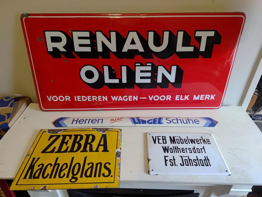 Zeer mooie emaille bord Renault Oliën,Zebra,Lingel,VEB Möbel, Verzamelen, Ophalen of Verzenden, Gebruikt, Reclamebord