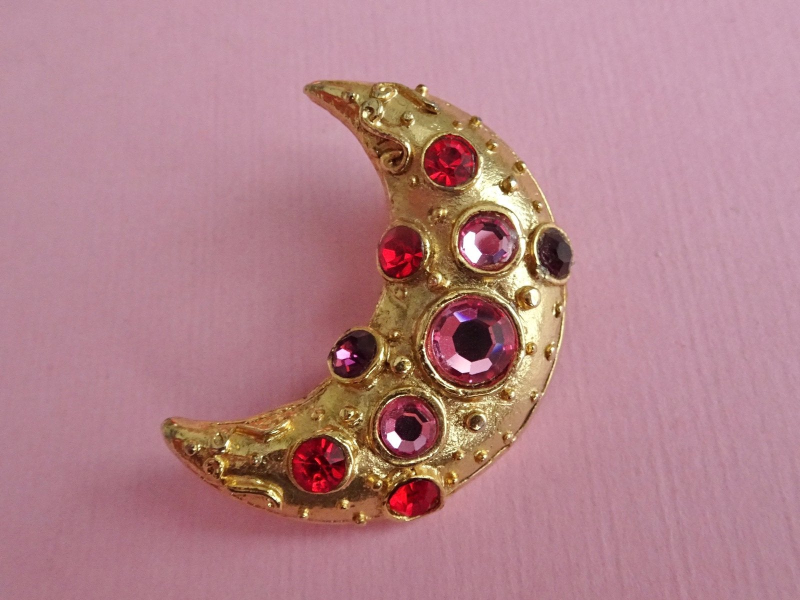 jwg Vintage 80s 90s Maan broche glas stenen goud verguld, Verzenden, Overige materialen, Broche, Verguld
