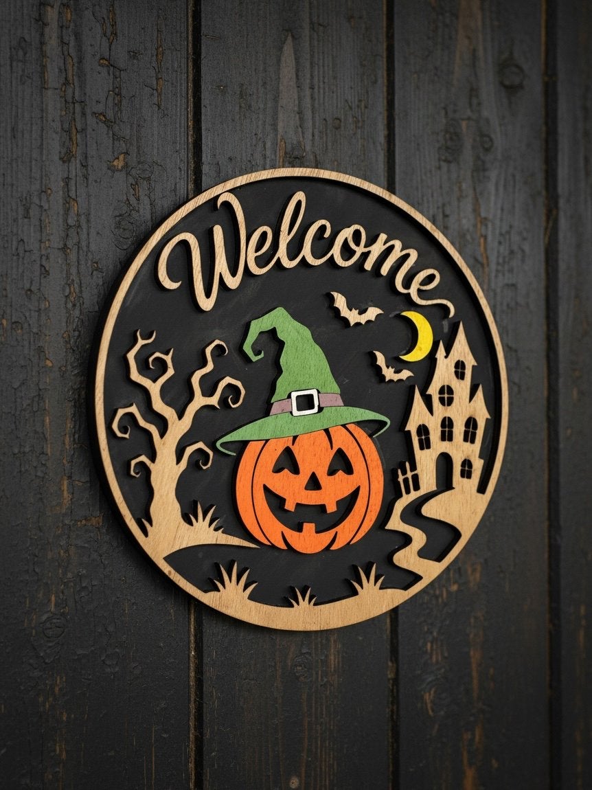 Halloween Welkomstbord Pompoen Heks Huis Decoratie, Hout, Meerkleurig, Overige stijlen, Nieuw