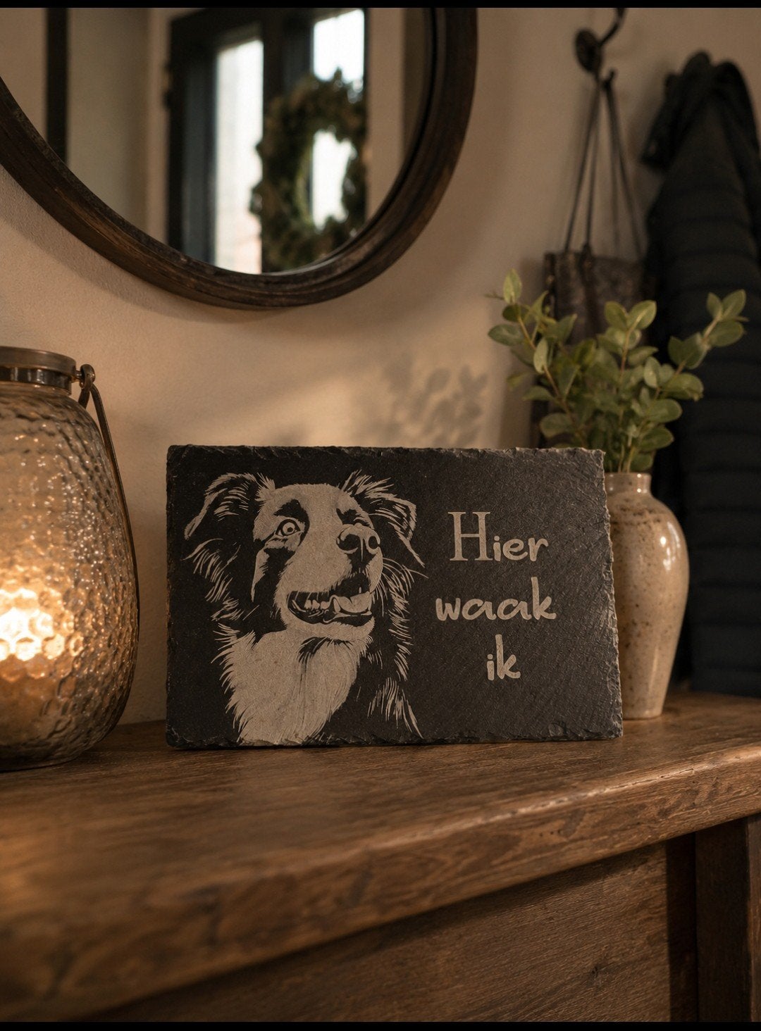 hier waak ik leisteen border Collie, Ophalen of Verzenden