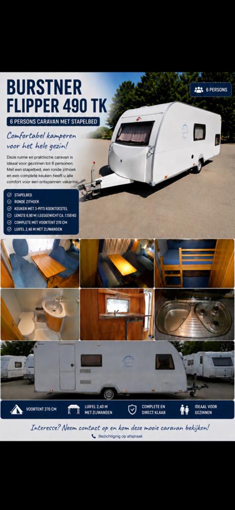 Burstner flipper 490 tk 6 persoons caravan, Caravans en Kamperen, Treinzit, Particulier, Dwarsbed, Bürstner