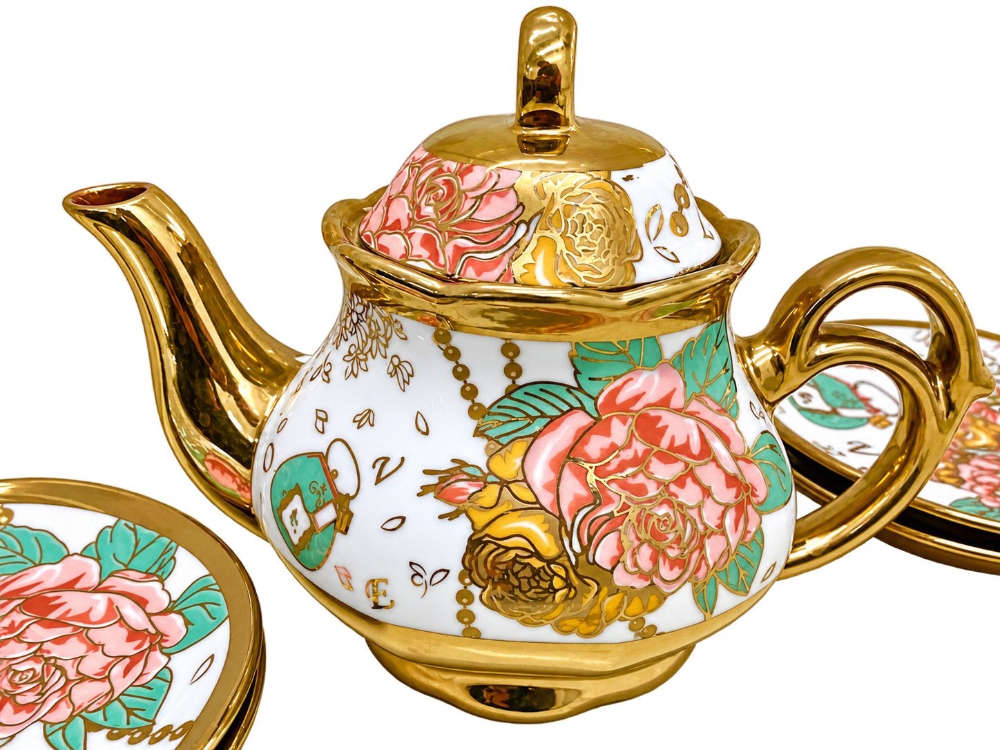 Vintage Theepot met 4 Bordjes – Goud & Bloemen, Antiek en Kunst, Ophalen of Verzenden