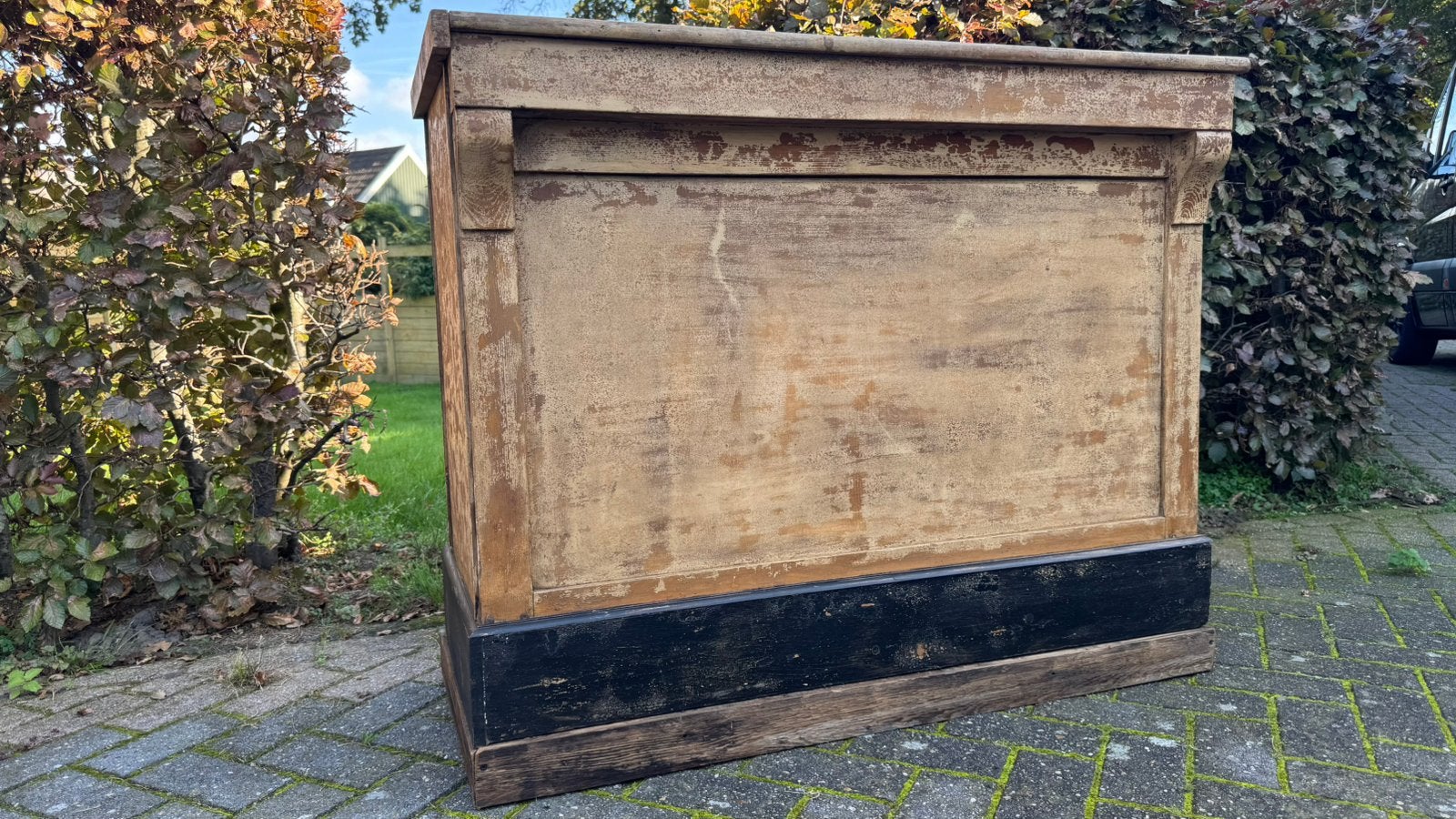 Toonbank,bar,toog,patine, paneel, plank, ornamenten,112 b, Antiek en Kunst, Ophalen