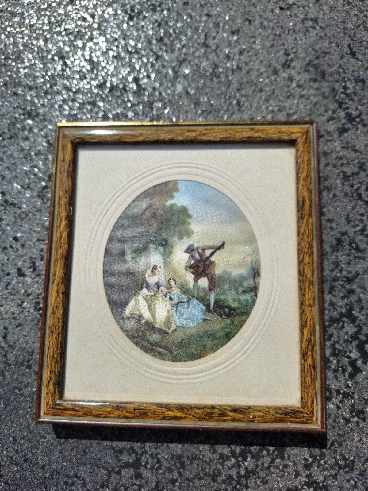 Klassiek schilderij: Muzikant en dames in landschap, Antiek en Kunst, Kunst | Schilderijen | Klassiek, Portret of Personen, Overige ondergronden