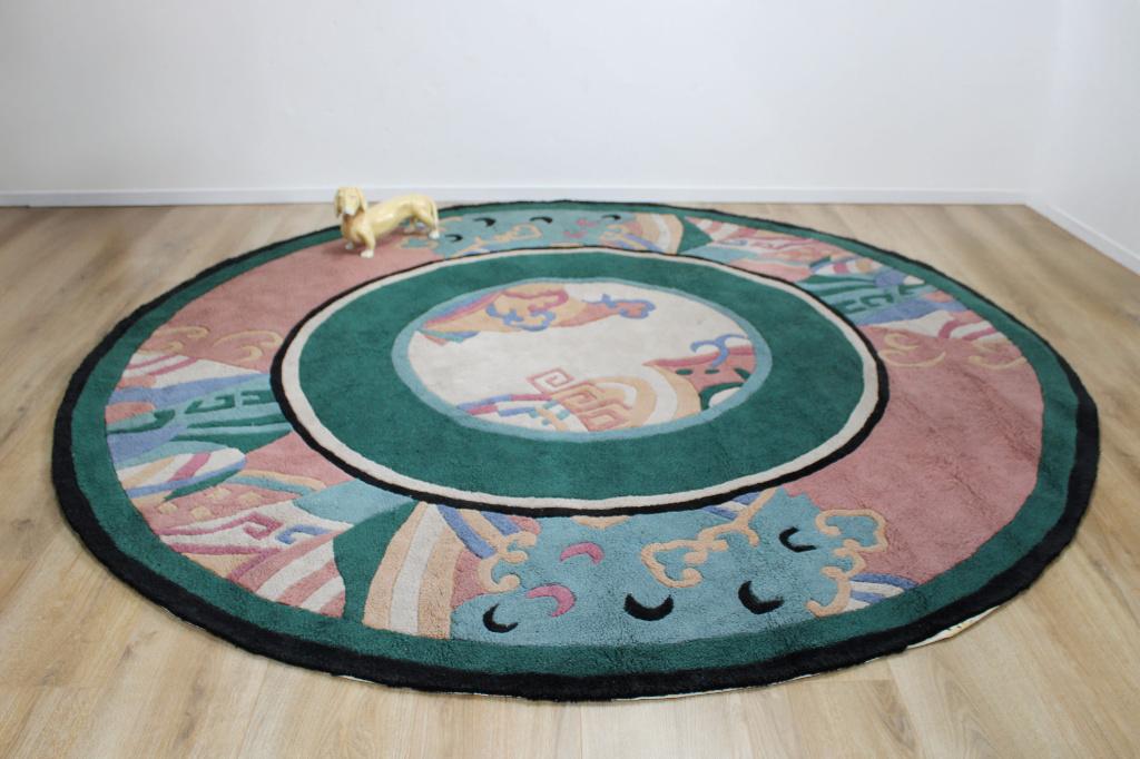 Handgemaakt wollen kleed. Rond vintage tapijt, groen/roze., Ophalen, O, O, Rond