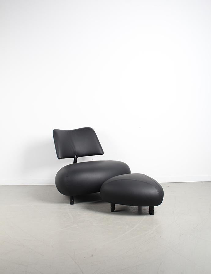 1x Leolux Pallone Fauteuil + Hocker Zwart Leer – Zwart