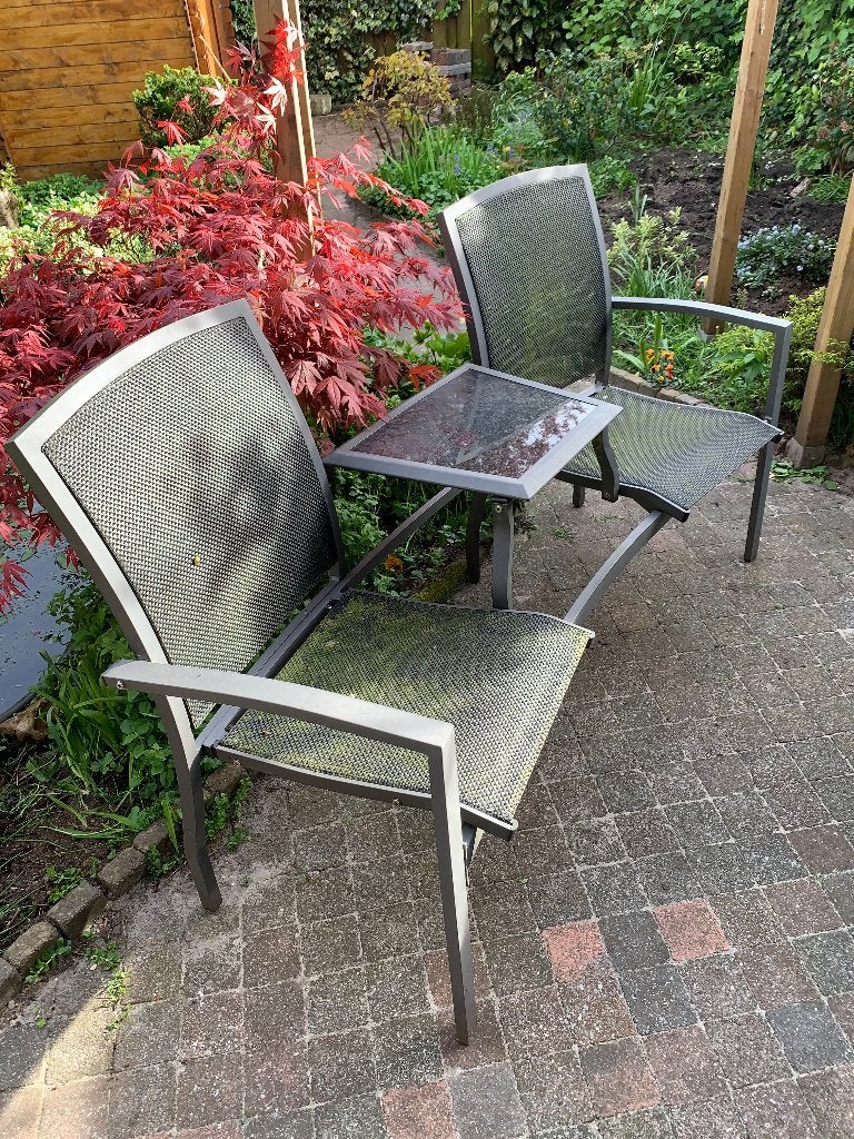 tuinset: 2x 2stoelen met tafeltje ertussen, Tuin en Terras, Ophalen, Gebruikt, Metaal