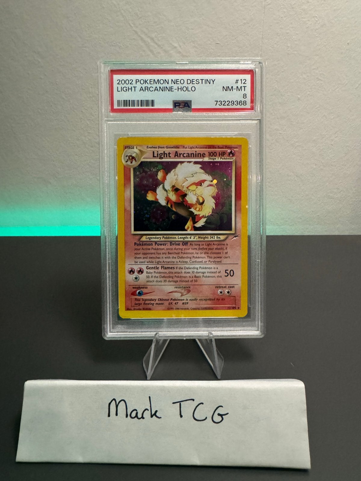 2002 Neo Destiny Light Arcanine 12/105 Holo PSA 8, Hobby en Vrije tijd, Verzamelkaartspellen | Pokémon, Ophalen of Verzenden, Zo goed als nieuw