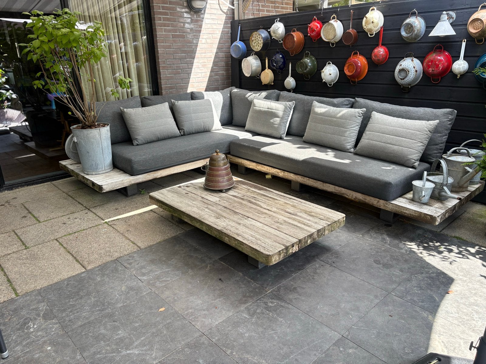 teak loungeset met kussens en salontafel, Tuin en Terras, Ophalen, Gebruikt, Meer dan 8 zitplaatsen, Steigerhout
