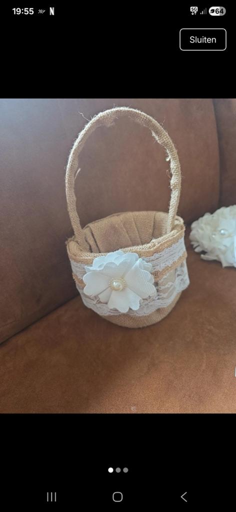 Juten bloemenmandje bruiloft bruidsmeisje landelijk, Ophalen of Verzenden, Nieuw, Beige, Accessoires