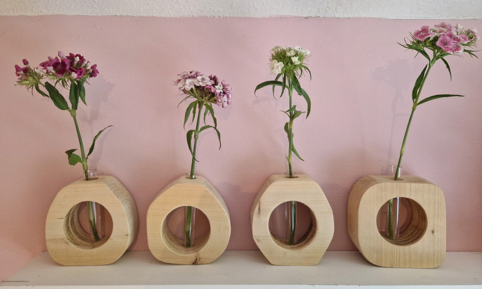 Set van 4 houten vaasjes met reageerbuisjes, Ophalen, Zo goed als nieuw, Overige kleuren, Overige materialen