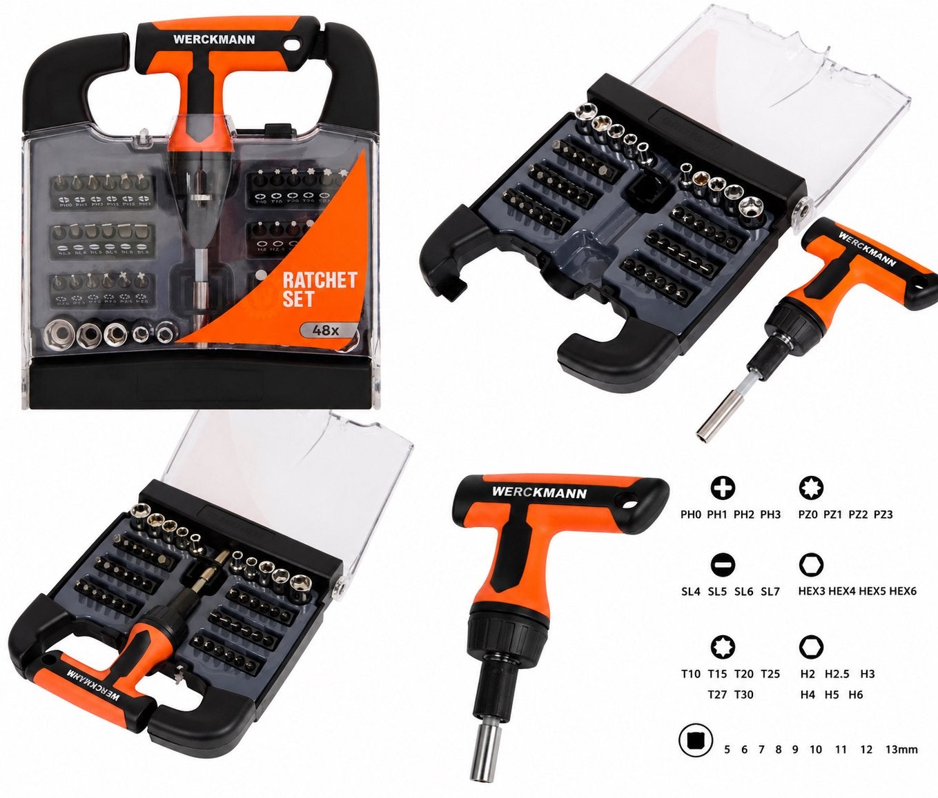 WERCKMANN Ratelschroevendraaier Set 48-delig T-handgreep, Auto diversen, Autogereedschap, Verzenden, Nieuw