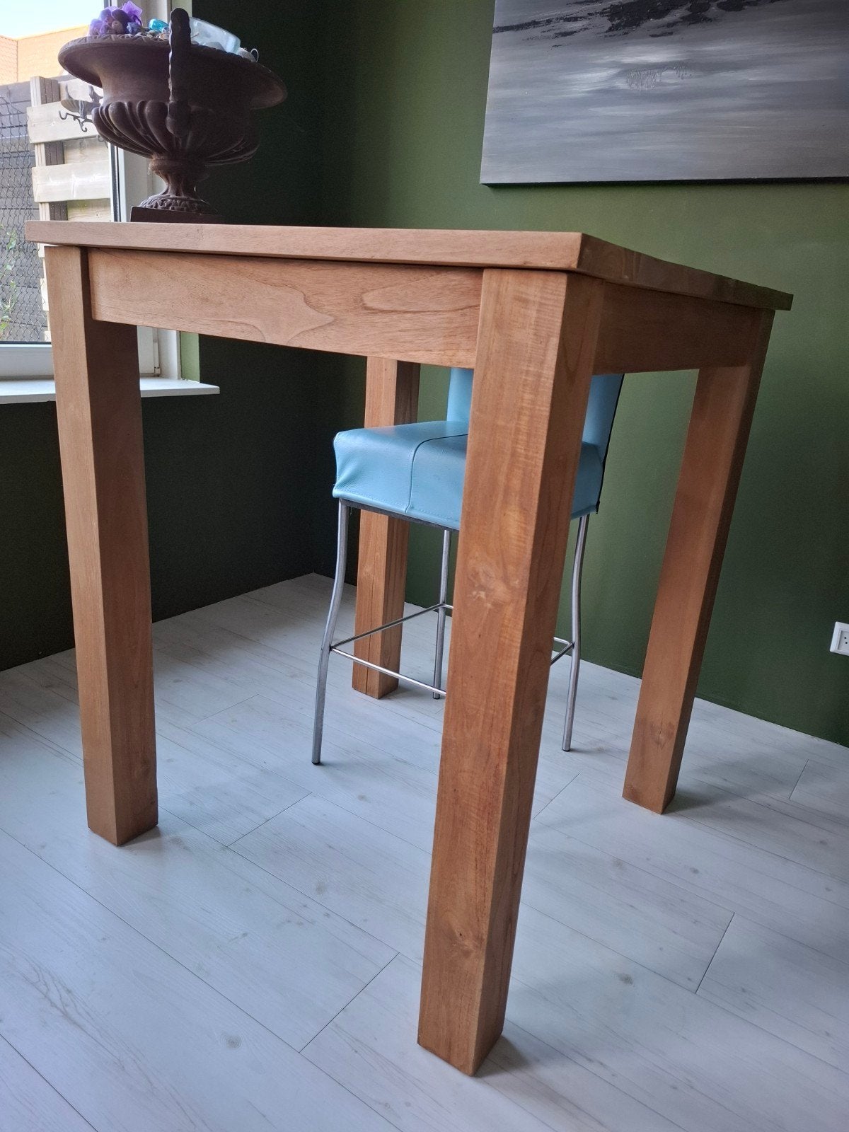 Hoge eettafel. Massief teakhout. 90x90, totaal 106 hoog., Ophalen, Minder dan 50 cm, 50 tot 100 cm, Zo goed als nieuw