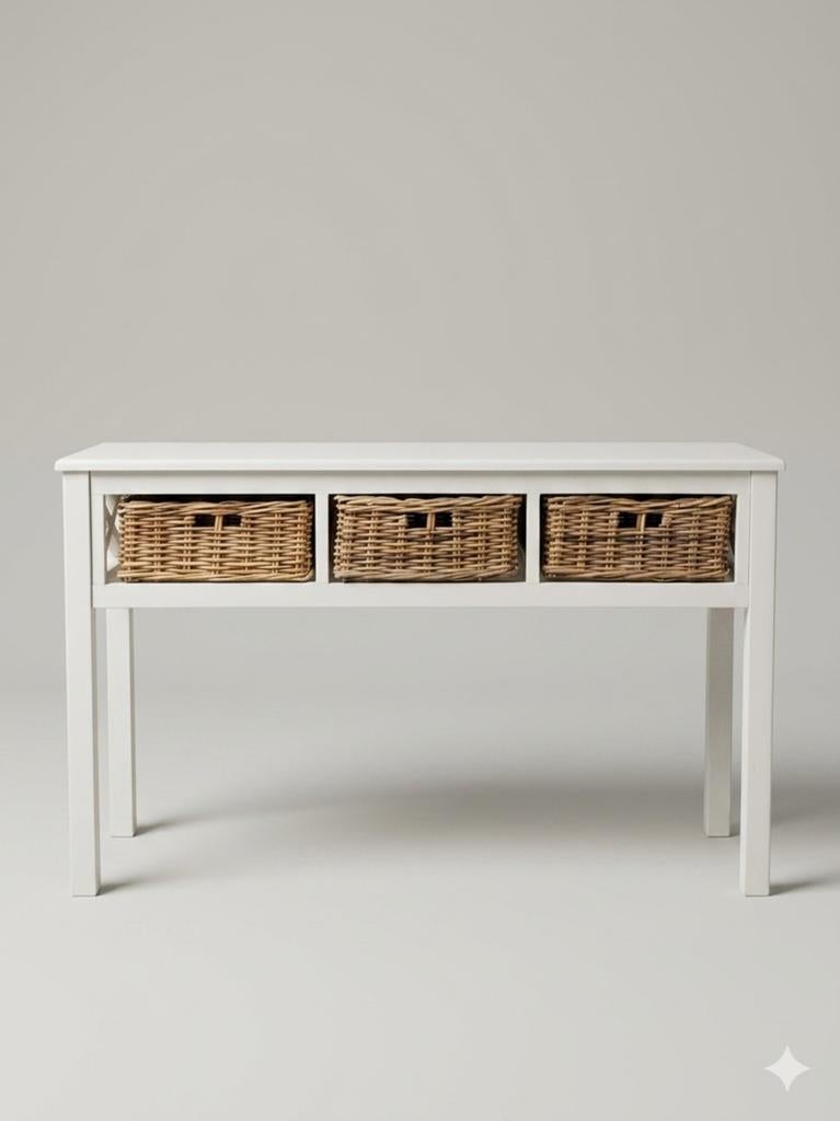 Off-white sidetable met 3 rieten mandjes - 120x80x40 cm, Huis en Inrichting, Tafels | Sidetables, Gebruikt, 25 tot 50 cm, 100 tot 150 cm