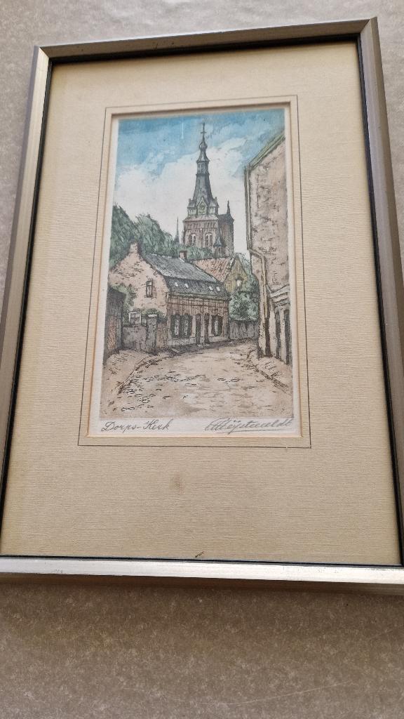 oude tekening ets print in oude lijst gesigneerd, Ophalen of Verzenden
