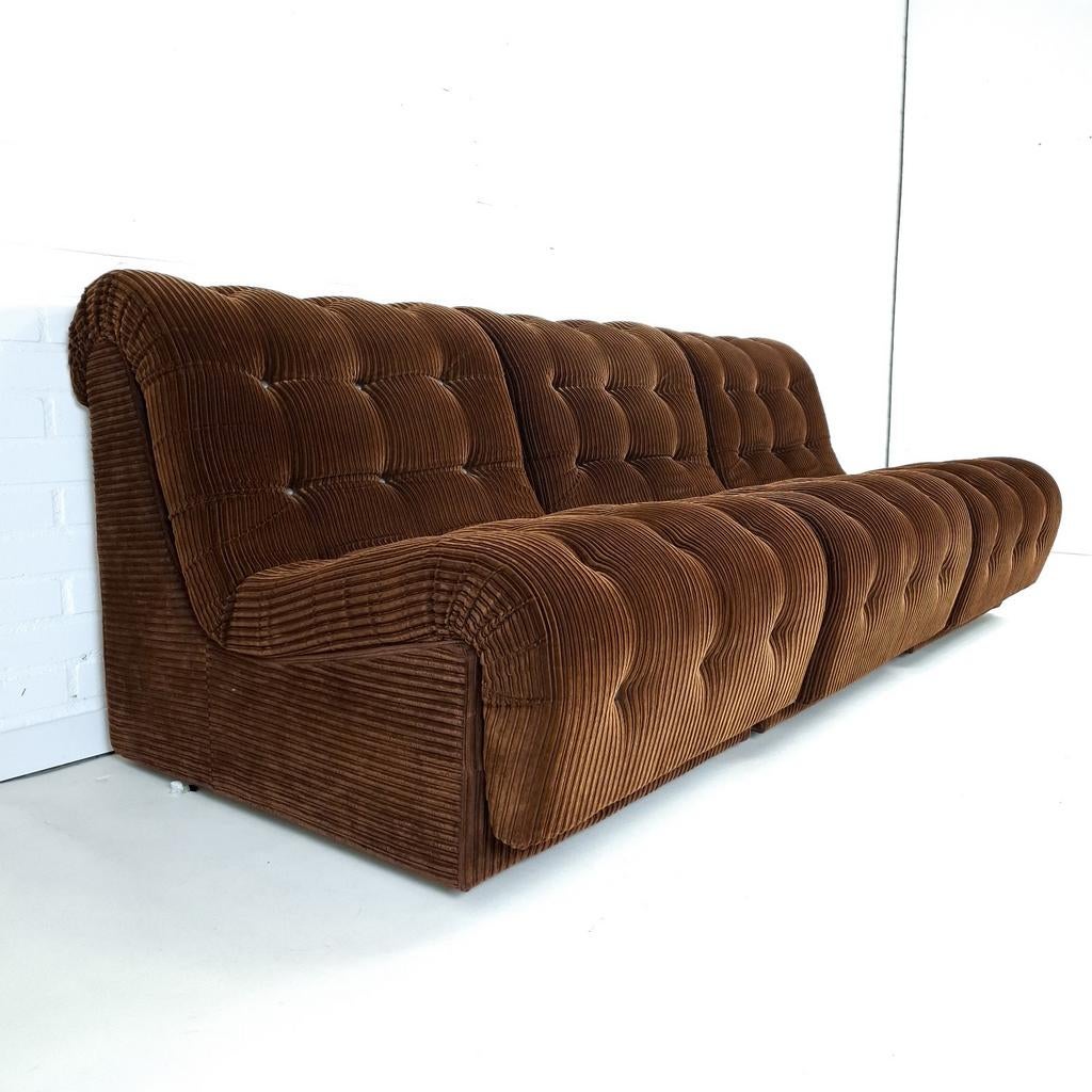 Vintage elementenbank 3 delen gecapitonneerd bruin corduroy, Ophalen, Gebruikt, 75 tot 100 cm, X