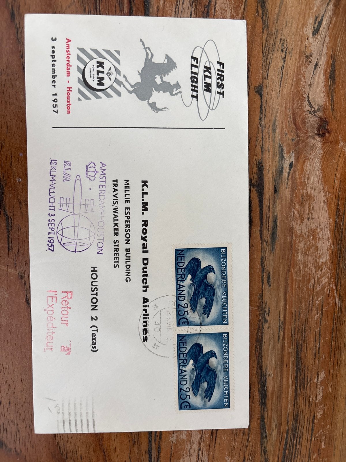 KLM Eerste Vlucht Amsterdam-Houston 1957 Envelop, Ophalen of Verzenden, Beschreven, Nederland