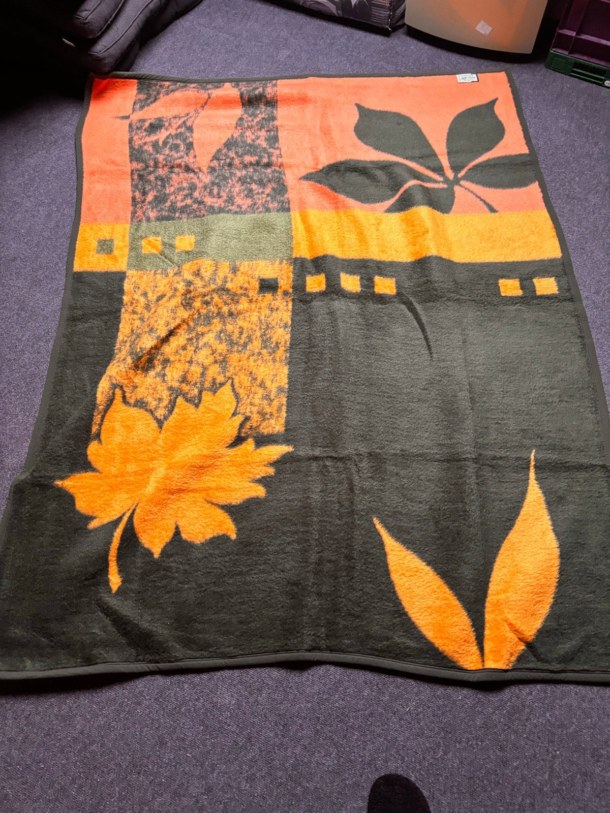 Venezia Dralon deken met bladmotief - Groen/Oranje, Groen, Vintage, Ophalen of Verzenden, Zo goed als nieuw