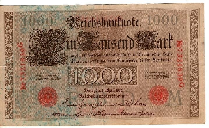 bankbiljet Duitsland 4 x1000 Mark, 21 april 1910, Postzegels en Munten, Bankbiljetten | Europa | Niet-Eurobiljetten, Ophalen of Verzenden