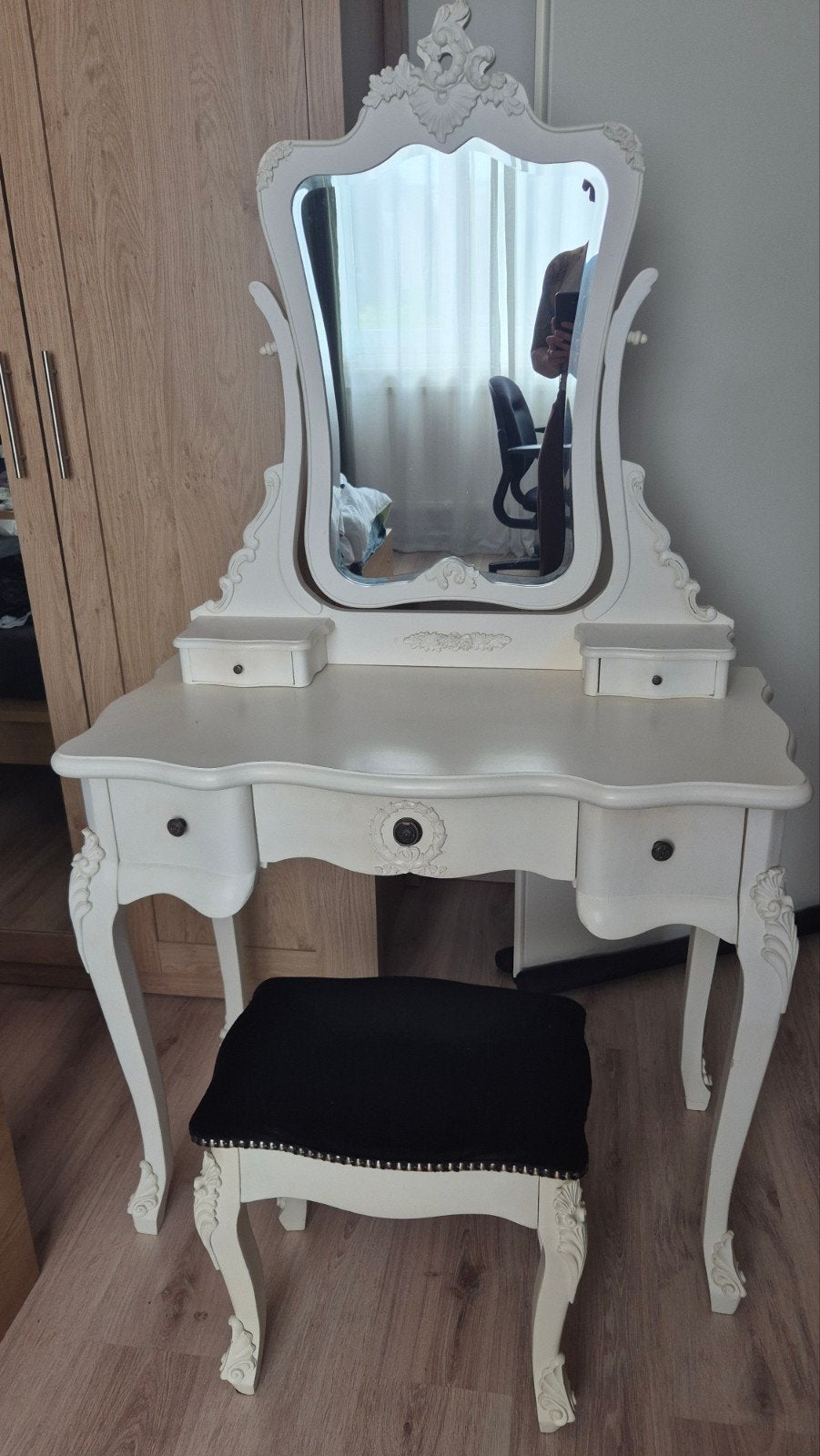 Romantische witte kaptafel met spiegel, krukje en 5 lades, Ophalen, Gebruikt, Barok, Franse stijl, Shabby chic, Brocante, Victoriaans, Vintage