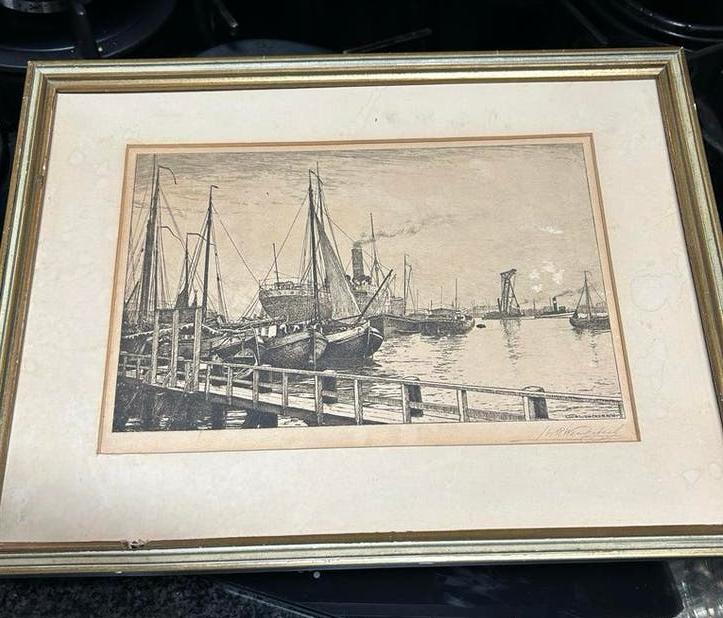 Ets Gravure  L.W.R. Wenckebach - Haven met boten, Dagelijks leven, Ets, Ophalen of Verzenden, Gesigneerd