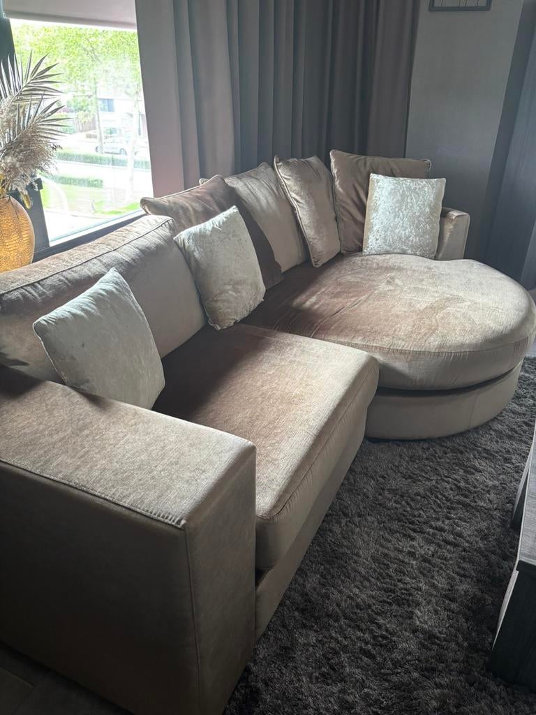 Luxe hoekbank met chaise longue - Goud/Brons velours, Huis en Inrichting, Ophalen of Verzenden, Zo goed als nieuw, Rechthoekig