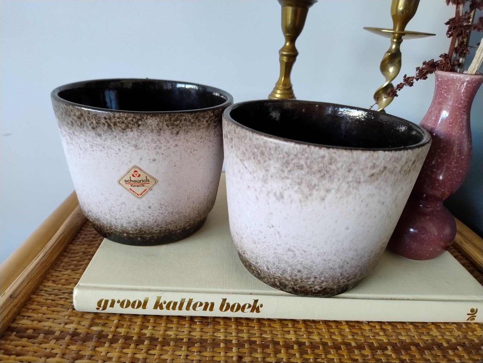 Vintage Scheurich bloempotten set - Wit/Bruin, West-Germany, Rond, Binnen, Ophalen of Verzenden, Zo goed als nieuw