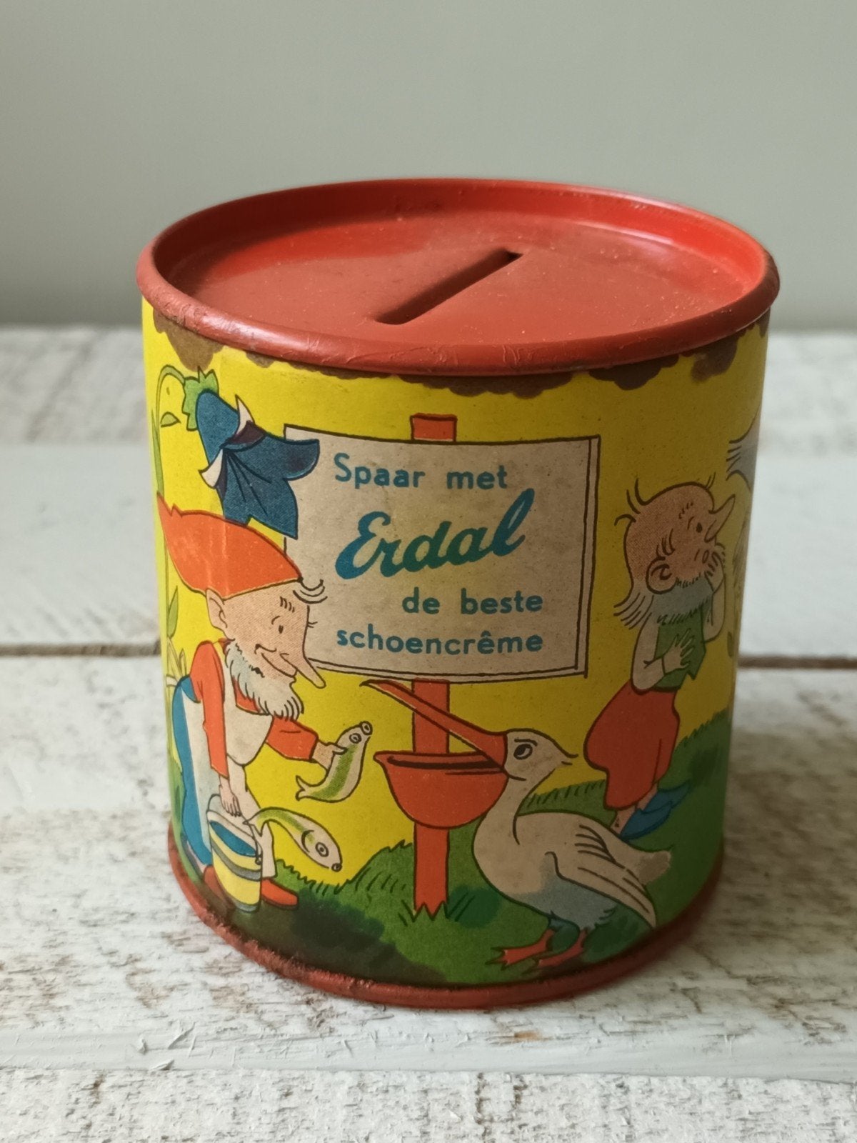 Vintage Erdal spaarpot met kabouters en ooievaar, Verzamelen, Ophalen of Verzenden, Gebruikt, Metaal of Blik, Strip- of Tekenfilmfiguur