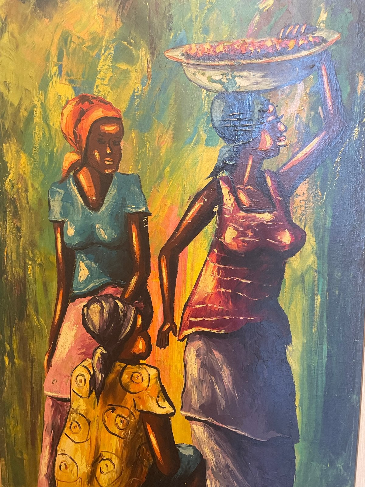 Vintage Olieverf Schilderij F. Pueta 1971 Afrikaanse Vrouwen, Hout, Schilderij, Afrika, Ophalen of Verzenden