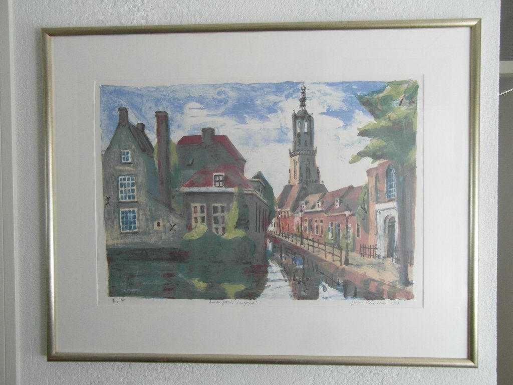 JEROEN HERMKENS ;litho ,ingelijst, Stadsgezicht Amersfoort, Met glas, Ophalen of Verzenden, Zeefdruk