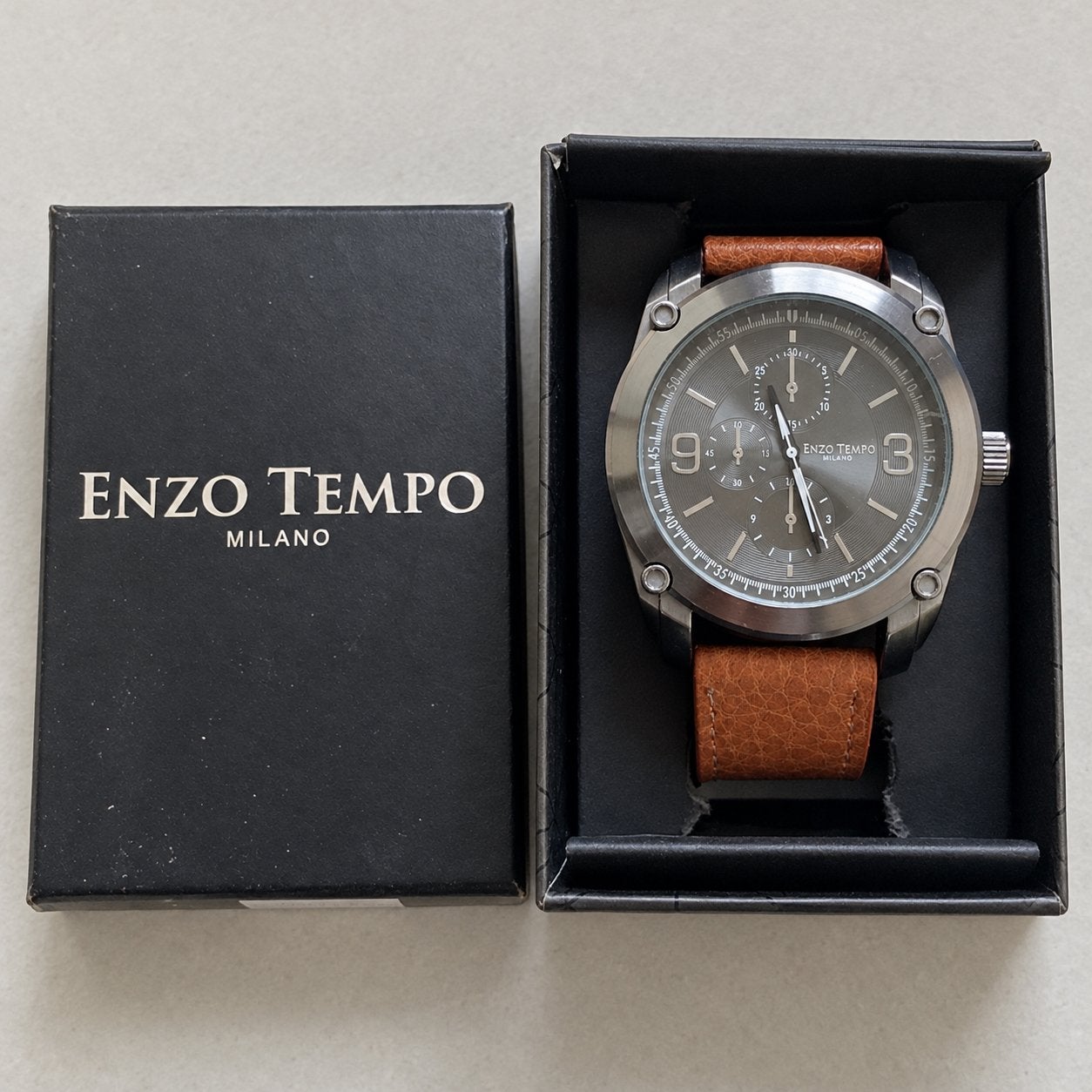 Enzo Tempo Milano herenhorloge – bruine band – met doos, Verzenden, Zo goed als nieuw, Staal, Overige merken