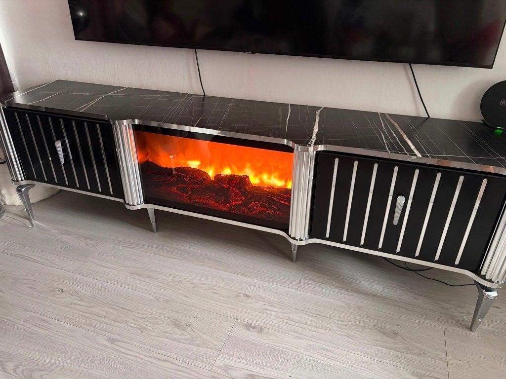 XXL TV-meubel met elektrische haard – zwart marmerlook, Huis en Inrichting, Ophalen, Zo goed als nieuw, 200 cm of meer, Minder dan 100 cm